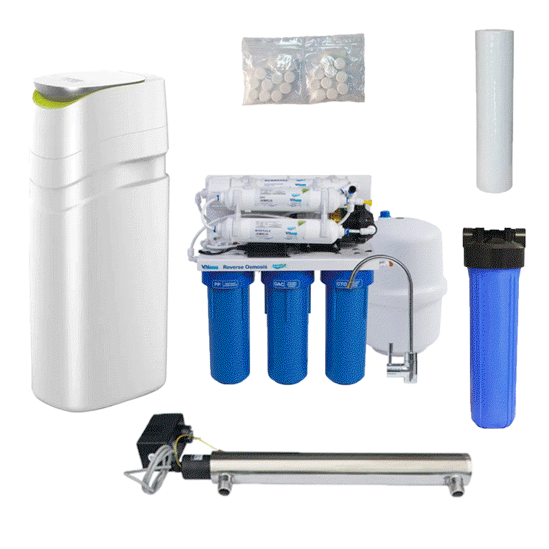 Dedurizatoare Apa - Pachet Statie dedurizare Soft 25 CAB Lotus cu statie de osmoza, carcasa si cartus filtru BigBlue 20 si dezinfectant Biclosol