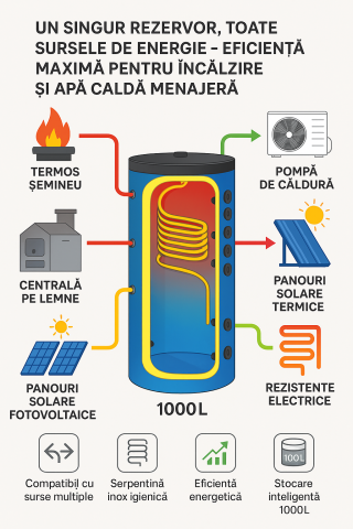 Accesorii panouri solare apa calda - Puffer stocator igienic Lambollitori Gamma R2 1000 L cu izolație – stocare termică eficientă