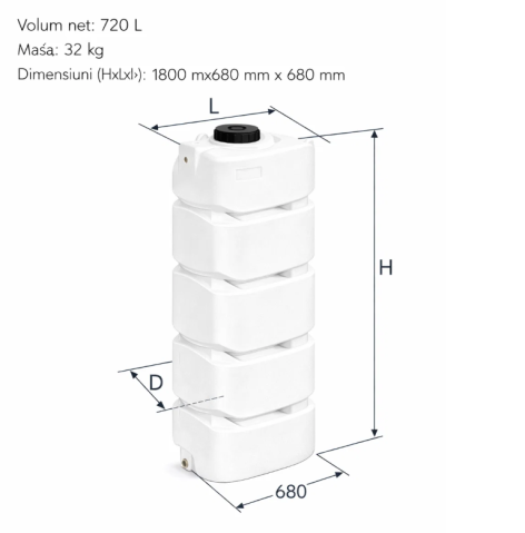 Rezervoare de apă potabilă și pluvială, bazine pentru stocare și irigații - Rezervor ValPurio dublustrat 700 litri, H 1790 mm, cod 49530700001