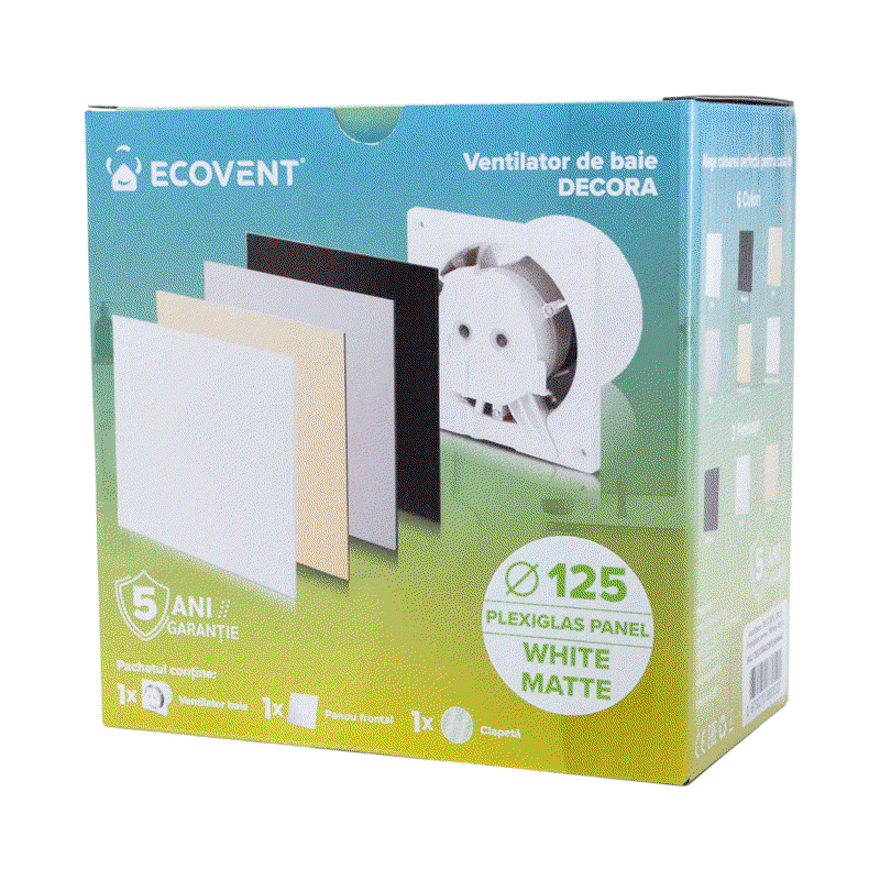 Ventilator baie Ecovent DECORA Ø125 Silent, senzor umiditate, timer, clapetă antiretur, 140 m³/h, alb mat [3]