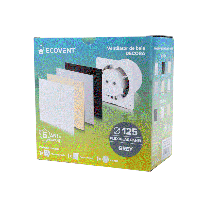 Ventilator baie Ecovent DECORA Ø125 Silent, senzor umiditate, timer, clapetă antiretur, 140 m³/h, gri [3]