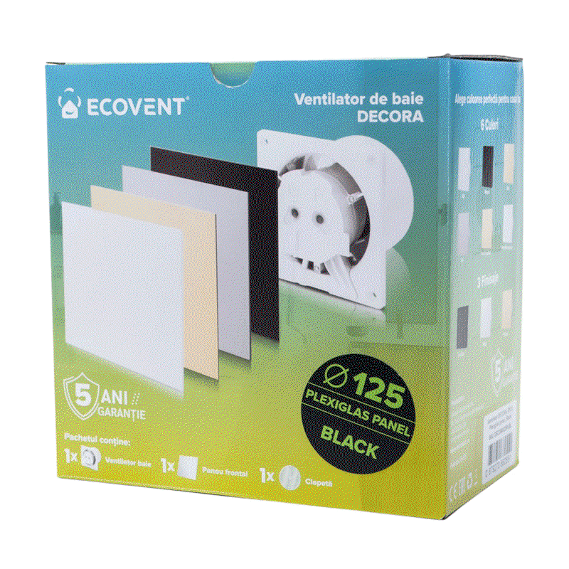Ventilator baie Ecovent DECORA Ø125 Silent, senzor umiditate, timer, clapetă antiretur, 140 m³/h, negru mat [3]