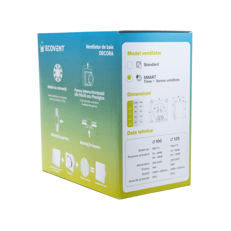 Ventilator baie Ecovent DECORA SMART Ø100 Super Silent cu senzor umiditate, timer și clapetă antiretur, 93 m³/h, alb [5]