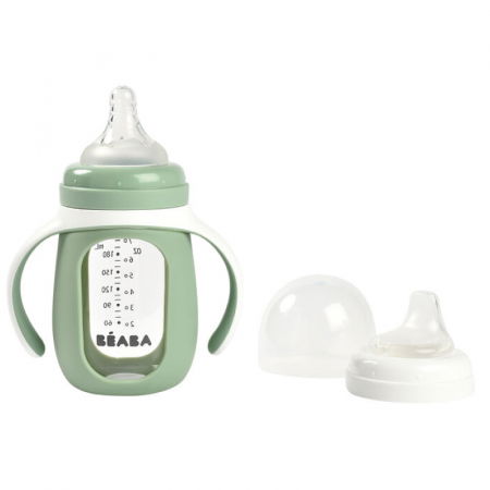 Biberoane tetine suzete - Biberon de invatare 2 in 1 din Sticla Beaba 210 ml Sage Green