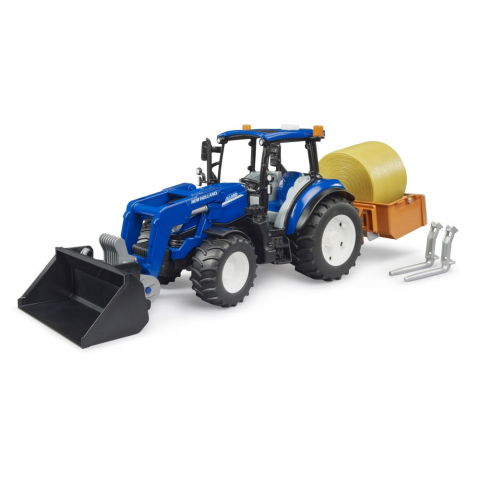 Masinute si motociclete - Bruder - Tractor New Holland T5.120 cu incarcator frontal detasabil lada pentru basculat baloti si furci