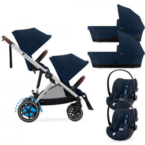 Carucioare copii - Carucior gemeni Cybex e-Gazelle S Ocean Blue cu Scoici Auto Cloud G i-Size Plus