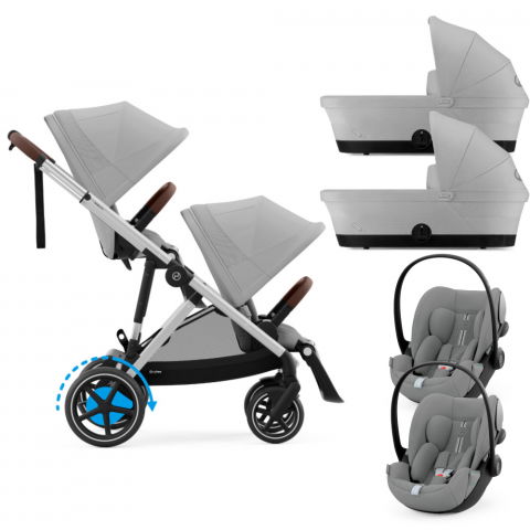 Carucioare copii - Carucior gemeni Cybex e-Gazelle S Stone Grey cu Scoici Auto Cloud G i-Size Plus