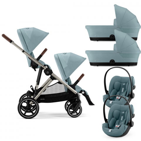 Carucioare copii - Carucior Gemeni Cybex Gazelle S Taupe/Sky Blue cu scoici auto Cloud G i-Size Plus