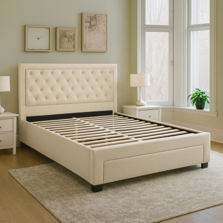 Dormitor - Pat Austin 160x200 crem cu sertar frontal și somieră – tăblie capitonată