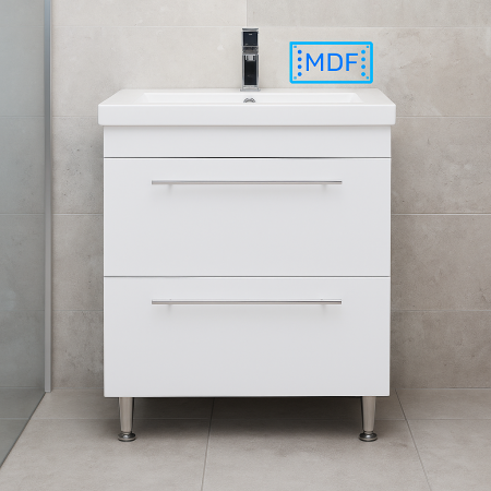 Baie - Mobilier baie alb cu lavoar ceramic si manere cromate, picioare cromate reglabile