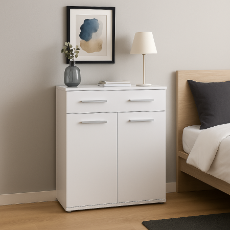 Dormitor - Comodă HM Lima KM1 albă cu sertare și uși