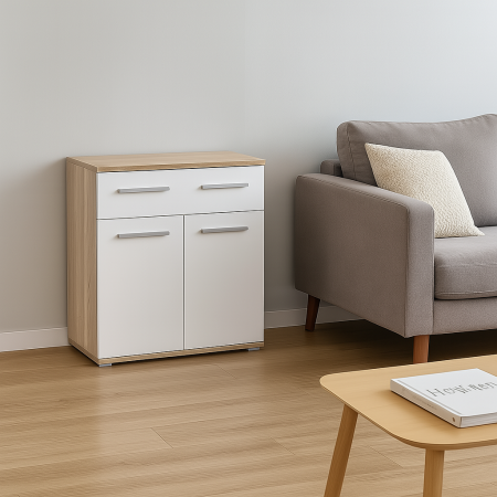 Dormitor - Comoda HM Lima cu 2 sertare si 2 usi, stejar sonoma si alb