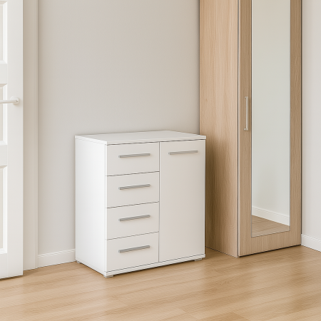 Dormitor - Comoda alba lucioasa HM Lima KM2 cu 4 sertare si 2 rafturi