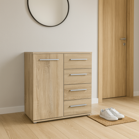 Dormitor - Comoda HM Lima KM2 cu 4 sertare si un compartiment in finisaj Stejar Sonoma