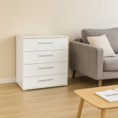 Dormitor - Comoda alba cu 4 sertare HM Lima KM3 langa o canapea gri