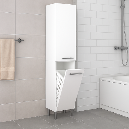 Baie - Dulap tip coloana pentru baie cu cos de rufe si rafturi, alb lucios