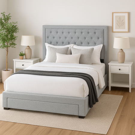 Dormitor - Pat Austin 140x200 gri, cu sertar și somieră