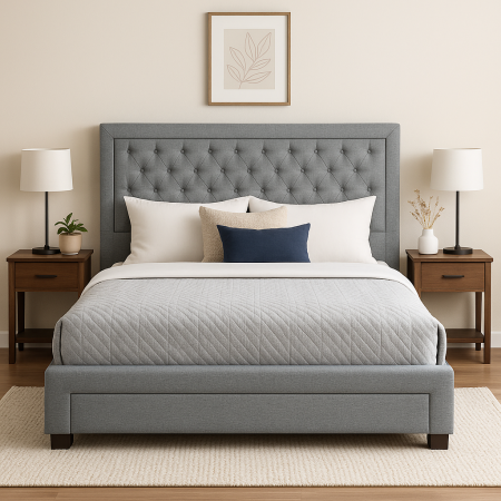 Dormitor - Pat Austin 160x200 crem – sertar frontal, somieră lamelară, tăblie capitonată