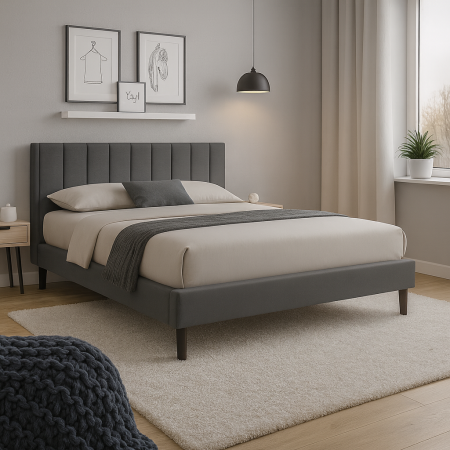 Dormitor - Pat Limess 160x200 gri – catifea, lemn masiv, somieră