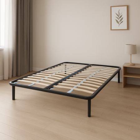 Dormitor - Somiera pat 140x200 cu lamele din fag si cadru metalic negru