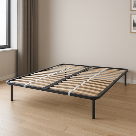 Dormitor - Somiera pat 180x200 cu lamele din fag si cadru metalic negru