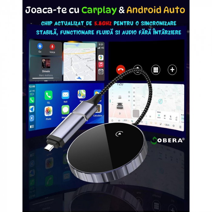 Adaptor Auto Wireless 2 în 1 goBERA® – CarPlay & Android Auto, iOS 10+/Android 11+, Wi-Fi 5GHz, Plug & Play, USB-A/C, Negru [13]