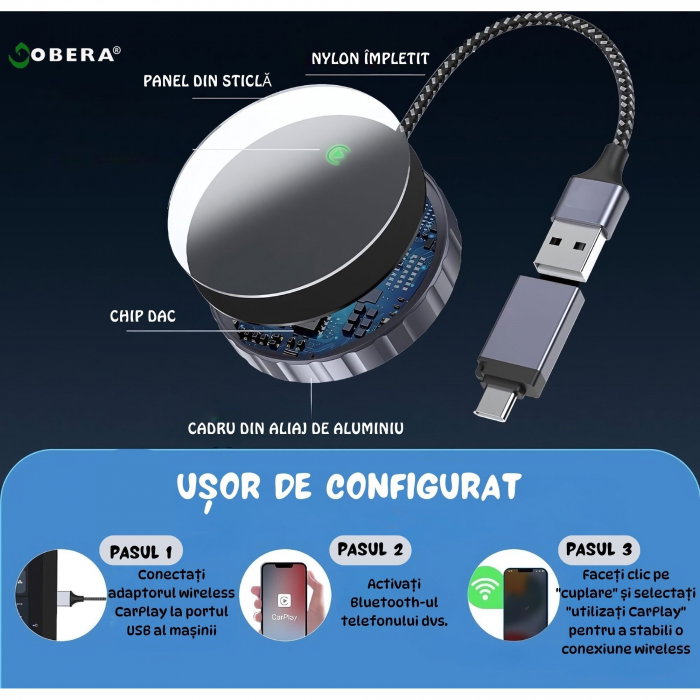 Adaptor Auto Wireless 2 în 1 goBERA® – CarPlay & Android Auto, iOS 10+/Android 11+, Wi-Fi 5GHz, Plug & Play, USB-A/C, Negru [11]