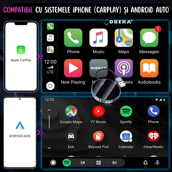 Adaptor Auto Wireless 2 în 1 goBERA® – CarPlay & Android Auto, iOS 10+/Android 11+, Wi-Fi 5GHz, Plug & Play, USB-A/C, Negru [2]