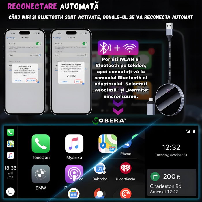Adaptor Auto Wireless 2 în 1 goBERA® – CarPlay & Android Auto, iOS 10+/Android 11+, Wi-Fi 5GHz, Plug & Play, USB-A/C, Negru [3]