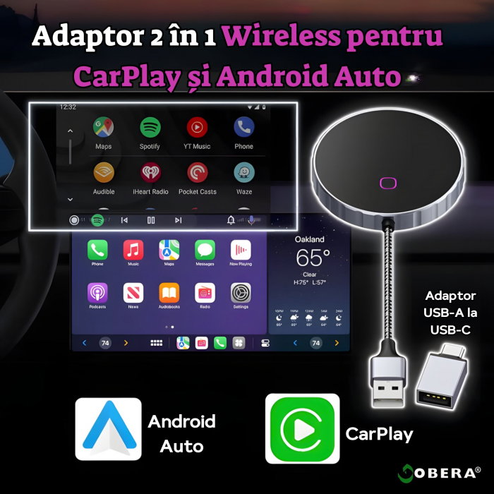 Adaptor Auto Wireless 2 în 1 goBERA® – CarPlay & Android Auto, iOS 10+/Android 11+, Wi-Fi 5GHz, Plug & Play, USB-A/C, Negru [7]