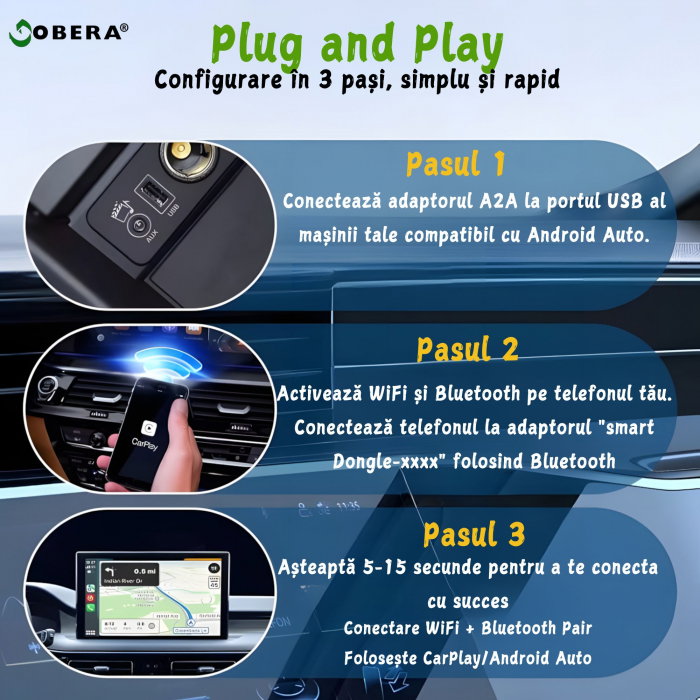 Adaptor Wireless 2-în-1 goBERA® – CarPlay & Android Auto, Wi-Fi 5 GHz, Plug & Play, USB-A/USB-C [4]