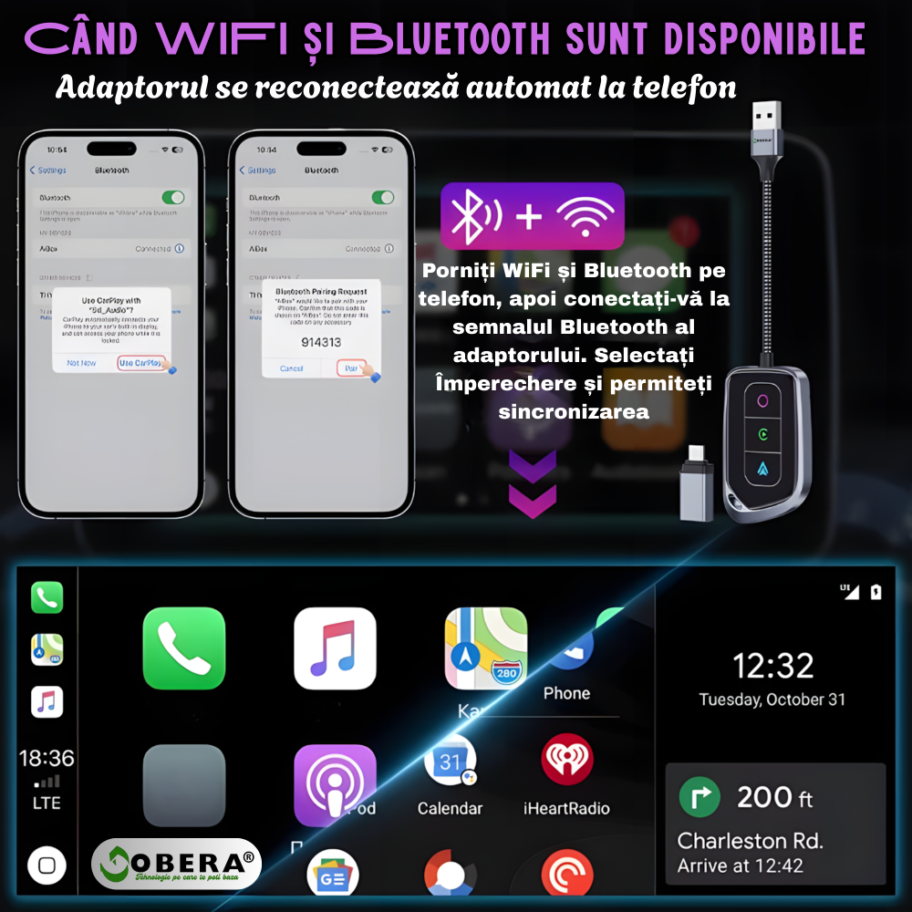 Adaptor Wireless 2-în-1 goBERA® – CarPlay & Android Auto, Wi-Fi 5 GHz, Plug & Play, USB-A/USB-C [3]