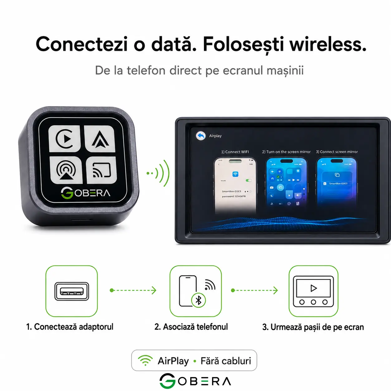 Adaptor wireless 4 în 1 goBERA - CarPlay, Android Auto, AirPlay, Miracast [6]