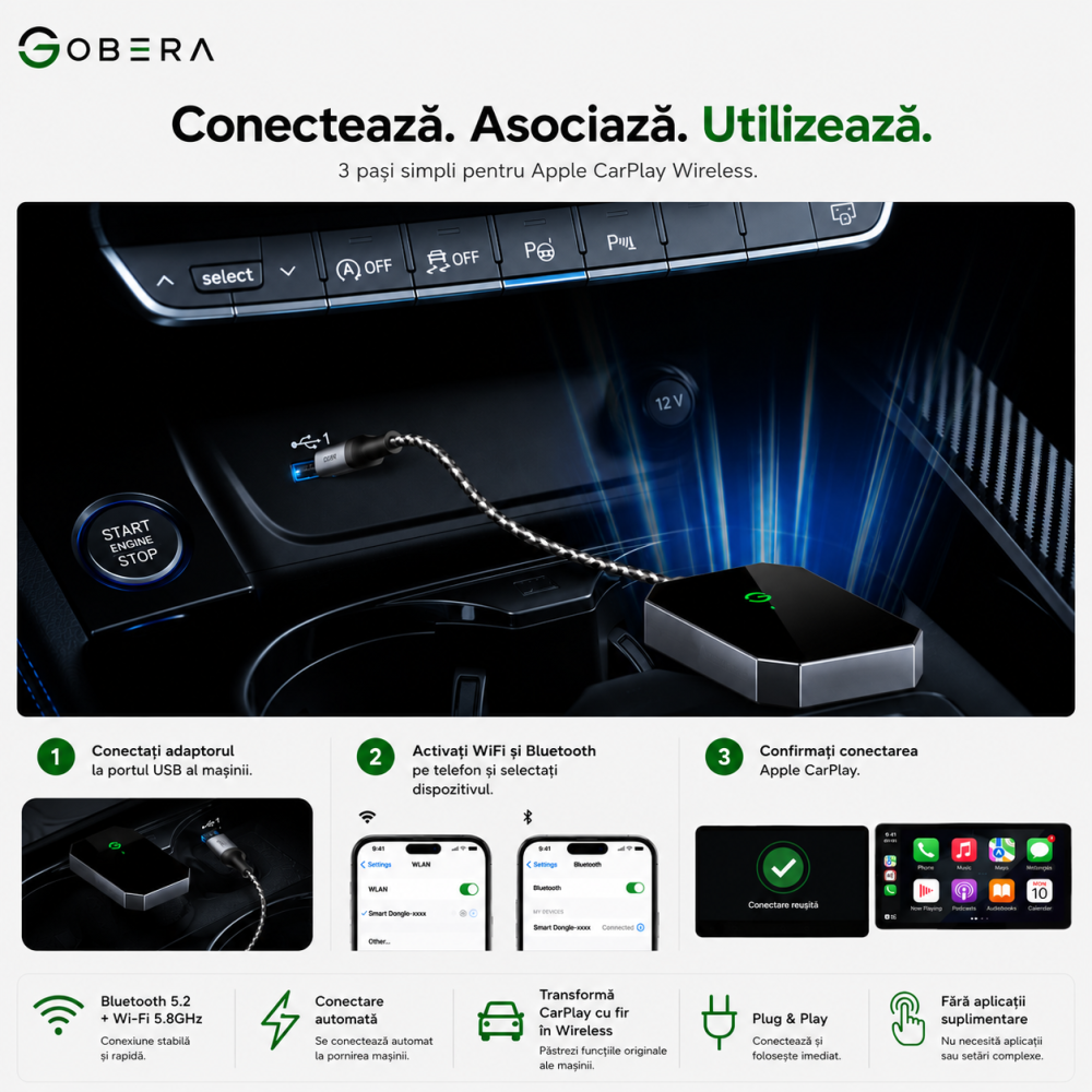 Adaptor Wireless Apple CarPlay goBERA®, Pentru masini cu Apple CarPlay prin cablu, Bluetooth 5.3, Wi-Fi 5GHz, Conectare automata, Plug & Play, Compatibil iPhone iOS 10+, Negru [5]