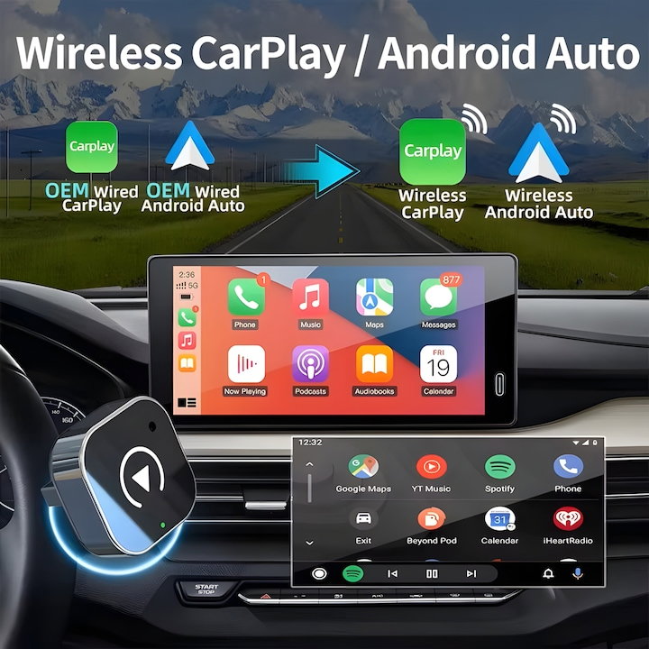 Adaptor Wireless 2-în-1 goBERA®️ CarPlay & Android Auto, compatibil cu vehicule echipate din fabrică cu CarPlay, Bluetooth 5.0, Wi-Fi Dual-Band 2.4/5GHz, Plug & Play, control vocal, port USB [2]
