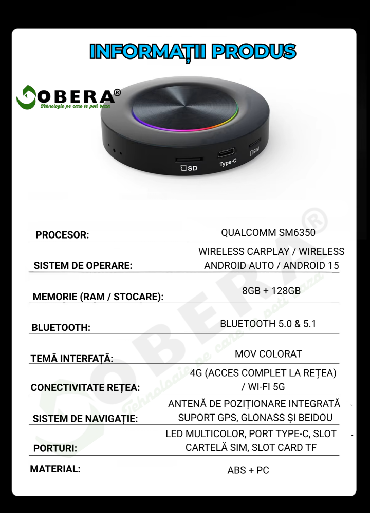 AI Box Android 15 goBERA® Q7 Wireless Edition, Qualcomm SM6350, 8GB RAM + 128GB, SIM 4G, Wireless CarPlay & Android Auto, YouTube, Netflix, Play Store, Split Screen [10]