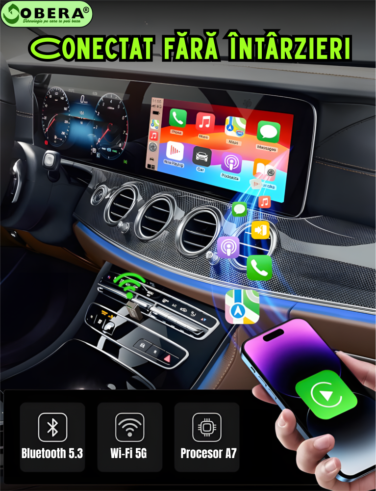 Adaptor Wireless CarPlay & Android Auto goBERA®, Plug & Play, Reconectare automată, Compatibil iPhone & Android, Bluetooth 5.3, Wi-Fi 5G, Control vocal și touch, Suport OEM [6]