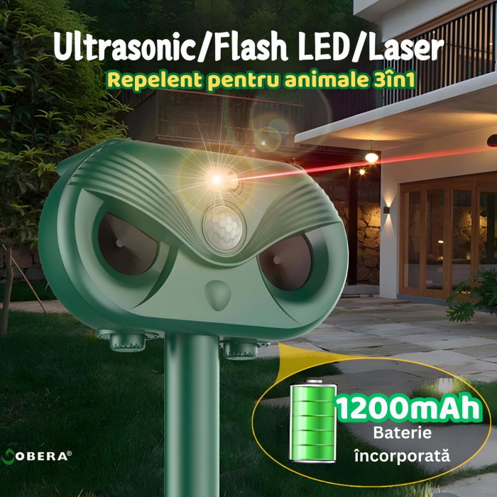 Repelent Solar Ultrasonic 3 in 1, Protectie Impotriva Animalelor, Senzor Infrarosu, Laser LED, Acoperire 120°, Distanta 8–12m, Rezistent la Intemperii, Gradina, Curte, Ferma [4]