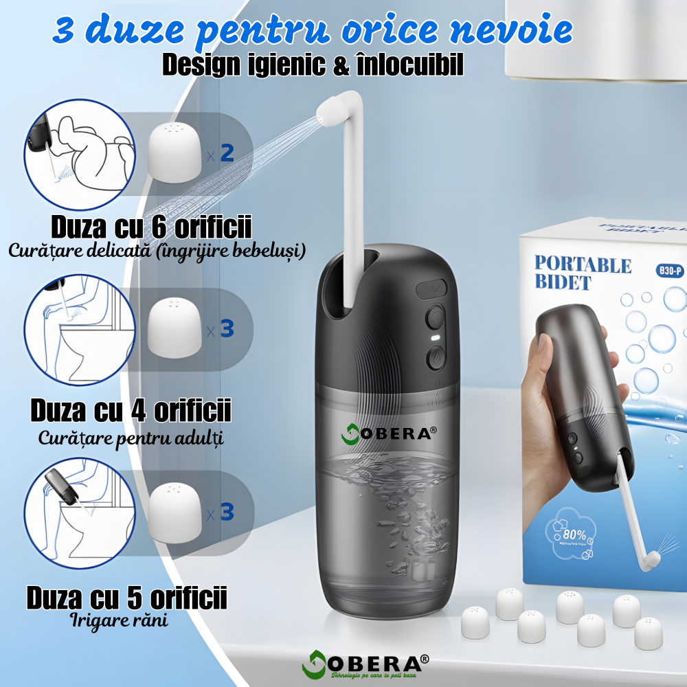 Bidet Portabil Electric goBERA® – Igienă Intimă Premium, 230 ml, 3 Moduri de Pulverizare, 3 Duze, USB-C, IP67, Baterie 1200 mAh, pentru Acasă și Călătorii [3]