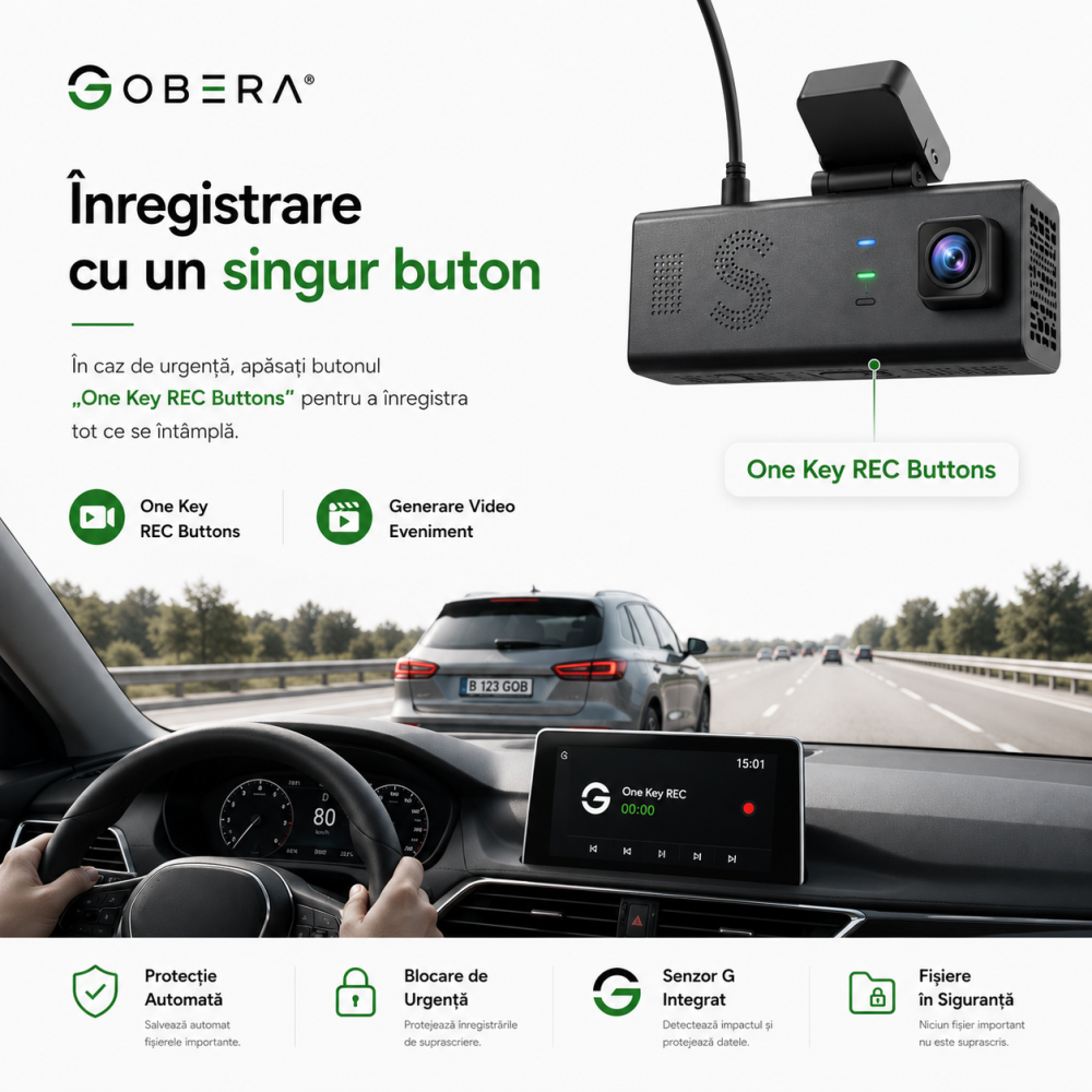Cameră Auto Duală Față + Spate goBERA®, 3MP, Night Vision, Mod Parcare 24/7, G-Sensor, Acces din Telefon, MicroSD & Cloud [10]