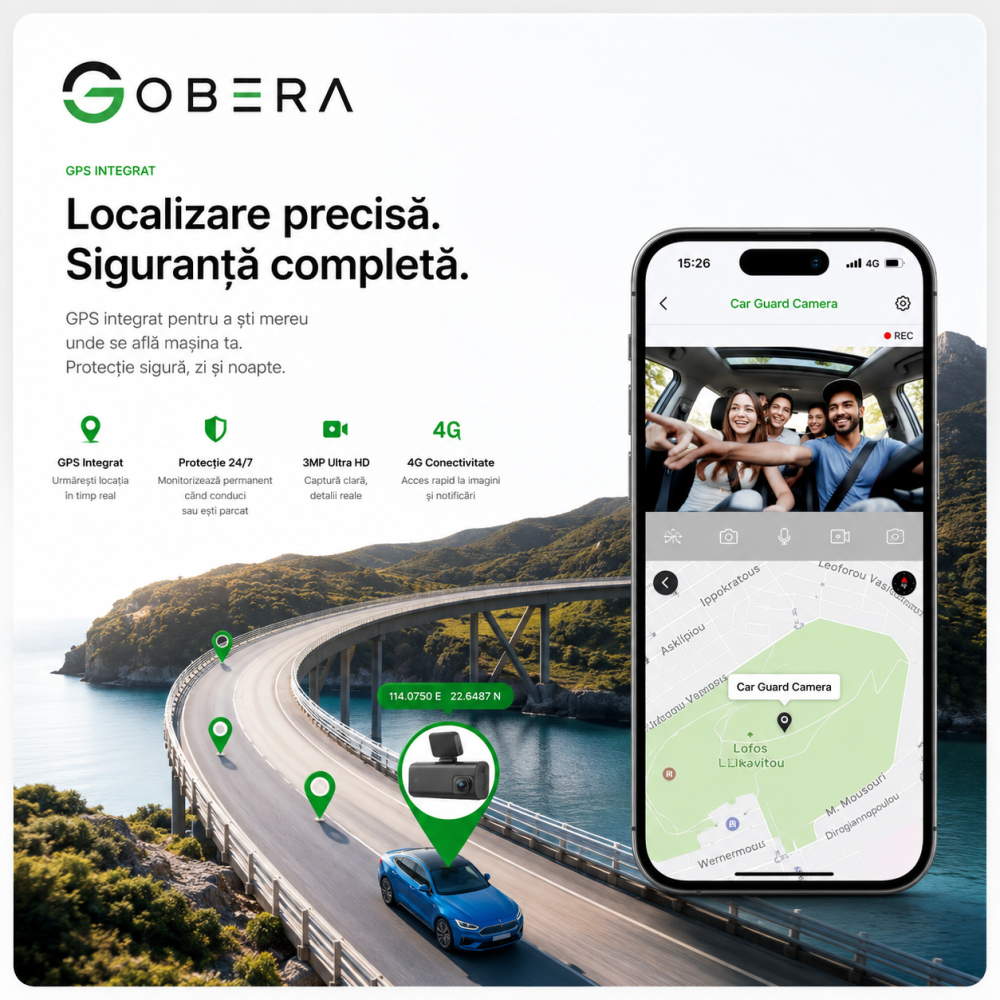 Cameră Auto Duală Față + Spate goBERA®, 3MP, Night Vision, Mod Parcare 24/7, G-Sensor, Acces din Telefon, MicroSD & Cloud [3]