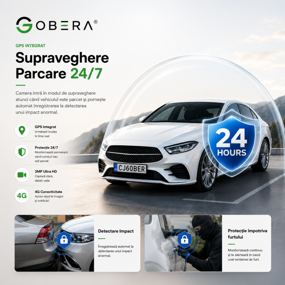 Cameră Auto Duală Față + Spate goBERA®, 3MP, Night Vision, Mod Parcare 24/7, G-Sensor, Acces din Telefon, MicroSD & Cloud [4]