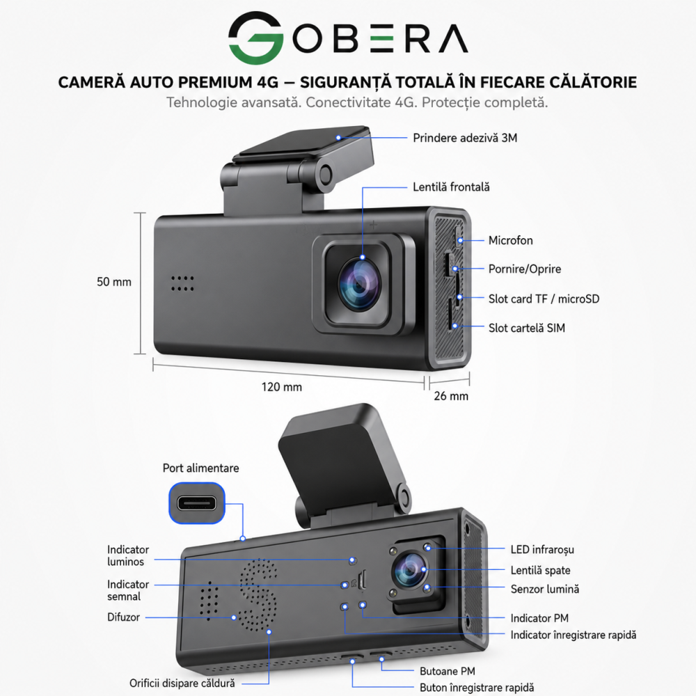 Cameră Auto Duală Față + Spate goBERA®, 3MP, Night Vision, Mod Parcare 24/7, G-Sensor, Acces din Telefon, MicroSD & Cloud [13]