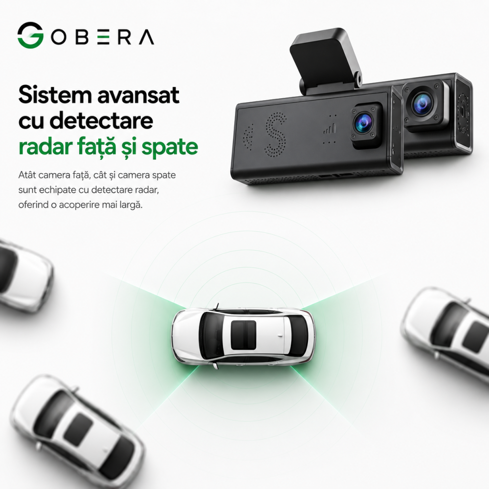 Cameră Auto Duală Față + Spate goBERA®, 3MP, Night Vision, Mod Parcare 24/7, G-Sensor, Acces din Telefon, MicroSD & Cloud [12]