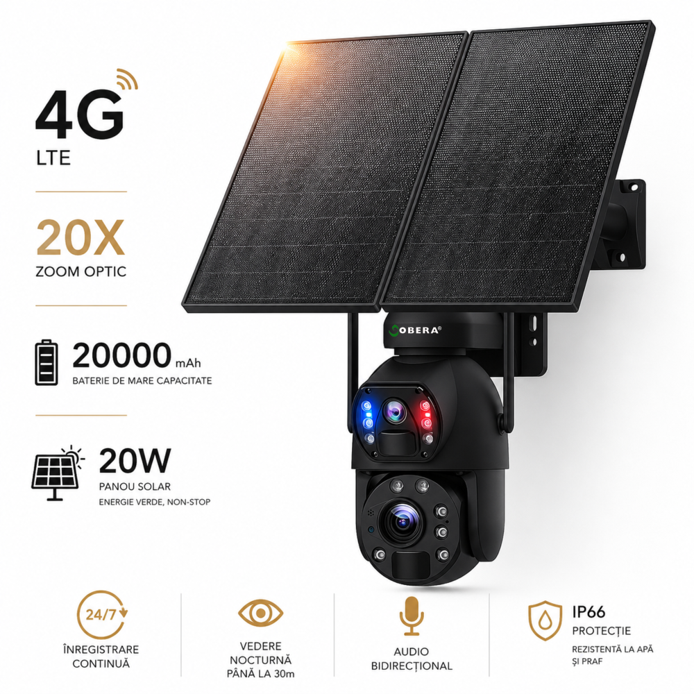 Camera Supraveghere Solara 4G 24/7 goBERA®, Dual Lens 3MP+3MP, Zoom Optic 20X, Panou Solar 20W, Baterie 20000mAh, Detectie Umana PIR, Audio Bidirectional, IP66 [1]