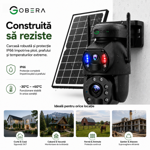 Camera de supraveghere 4G goBERA® cu Cartela SIM, Panou Solar 6W, Zoom Optic 20X, Lentile Duale, Auto Tracking, PTZ 355°, 6MP (3MP+3MP), Baterie 12000 mAh [7]