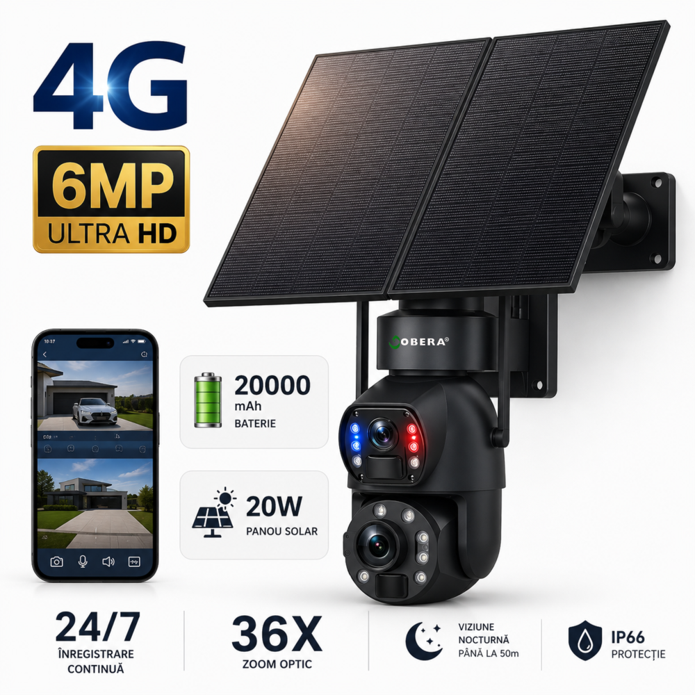 Camera de Supraveghere 24/7 goBERA®, 4G, Panou Solar 20W, Zoom Optic 36X, Baterie 20000mAh, PTZ Bullet 3MP+3MP, Detectare Umanoidă AI, Vedere Nocturnă 50m [1]