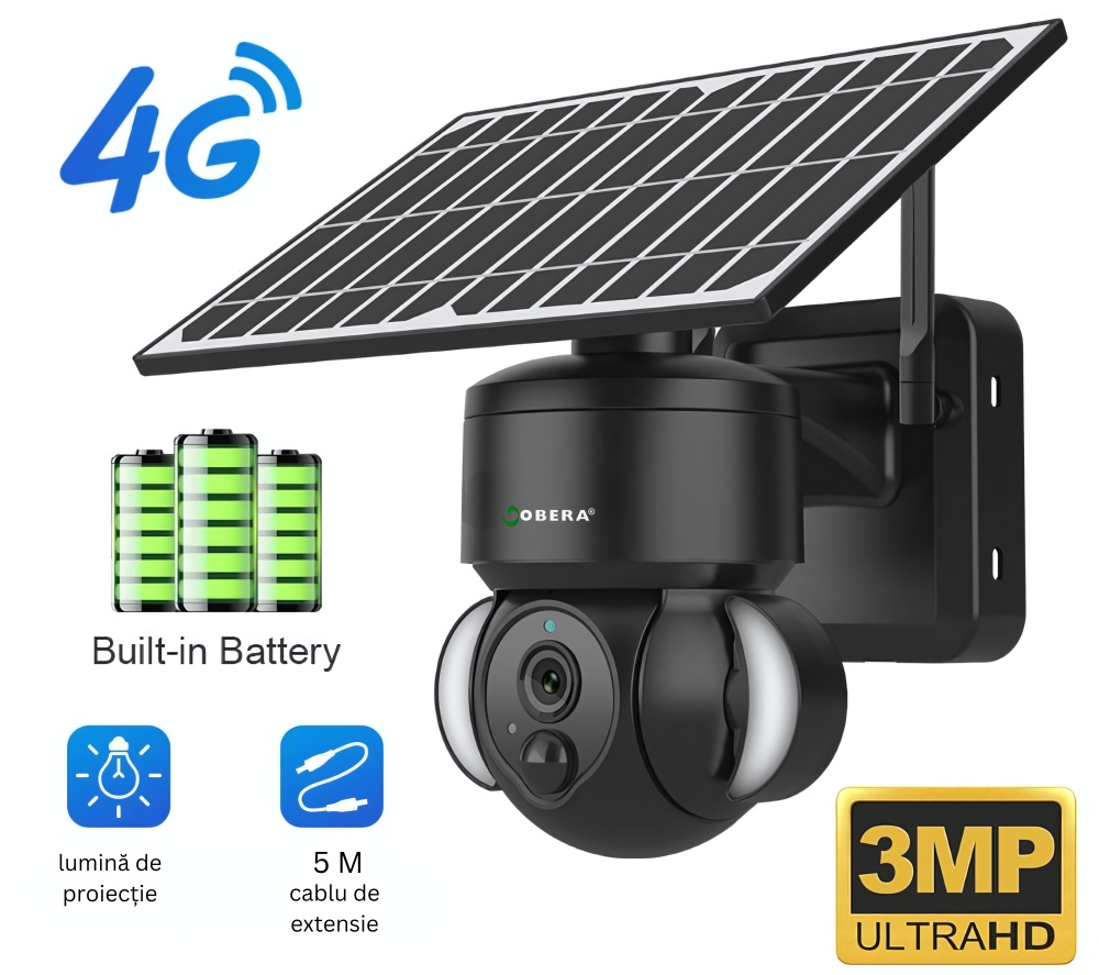 Camera de supraveghere goBERA®,3MP, Conexiune 4G, Acumulator incorporat 12000 mah, Panou solar de 5 W, Micro SD, Full Color Night Vision, Functie PIR cu unghi de detectare 120°, Unghi PTZ, Comunicare [7]