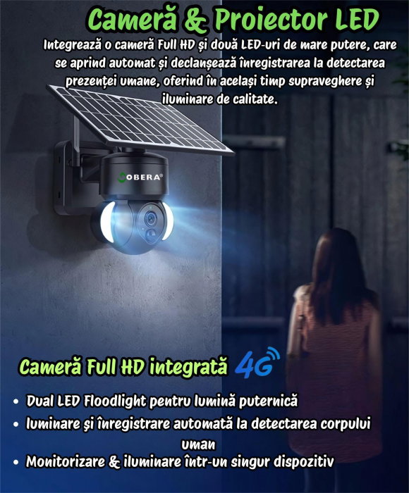 Camera de supraveghere solara 4G goBERA®, 4MP, acumulator 12.000 mAh, panou solar 5W, PIR 120°, PTZ, vedere nocturna color, audio bidirectional [6]