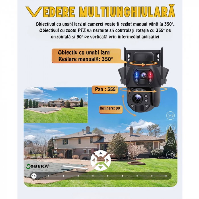 Camera de supraveghere 4G goBERA® cu Cartela SIM, Panou Solar 6W, Zoom Optic 20X, Lentile Duale, Auto Tracking, PTZ 355°, 6MP (3MP+3MP), Baterie 12000 mAh [15]